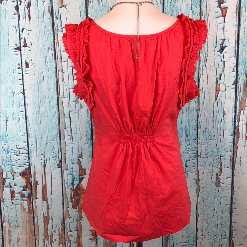 BCBG Maxazria Blouse Orange Sleeveless Ruffled Keyhole V Neck S - Picture 3 of 9
